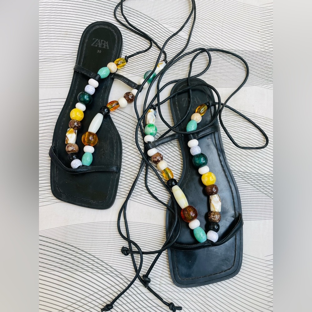 Brand new zara limited edition leather with beads summer lace up flat sandal - Picture 5 of 6
